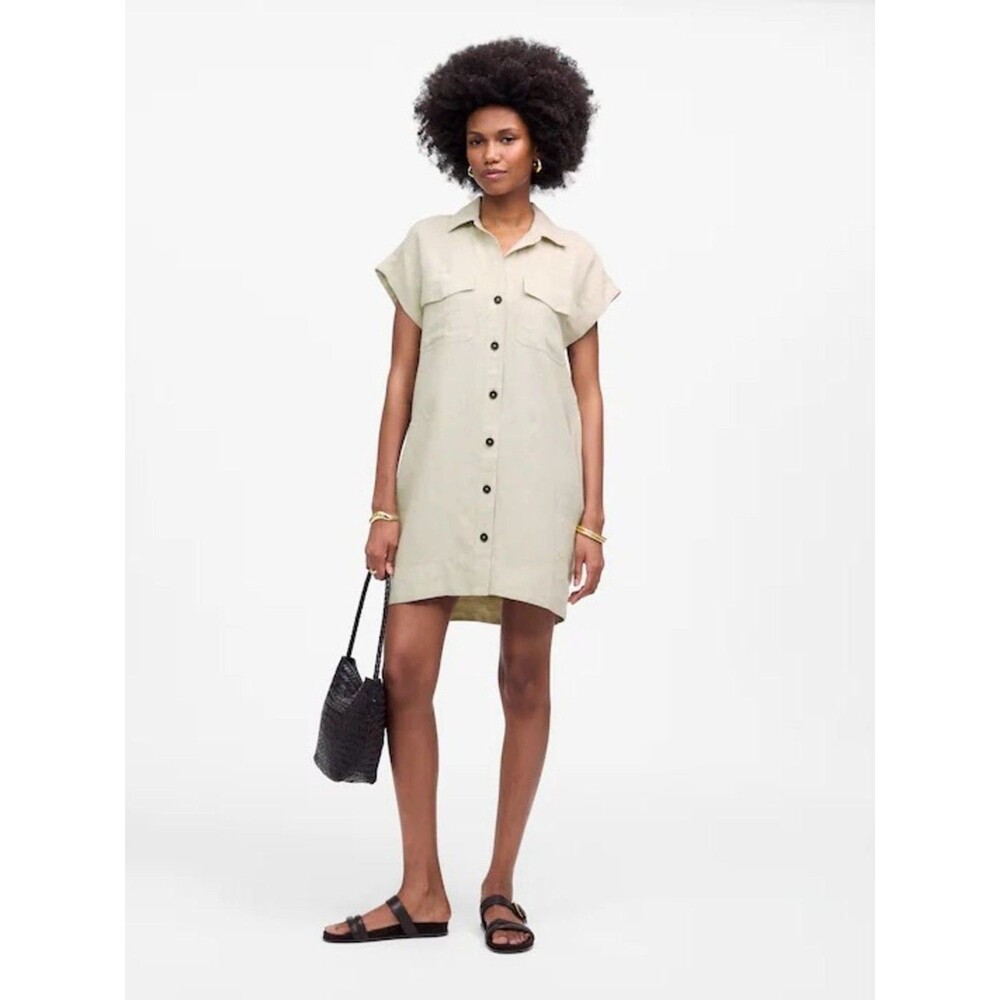 Madewell NWT Utility Short-Sleeve Mini Shirtdress Size Large in 100% Linen | Oat